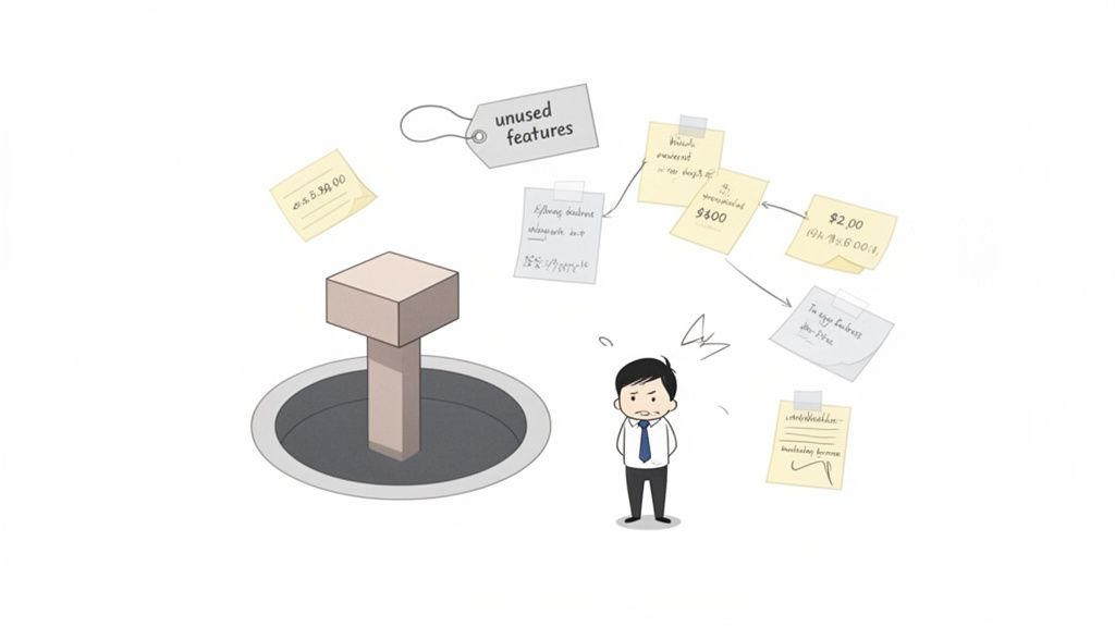 A worried businessman surrounded by sticky notes, an 'unused features' tag, and a block in a hole.