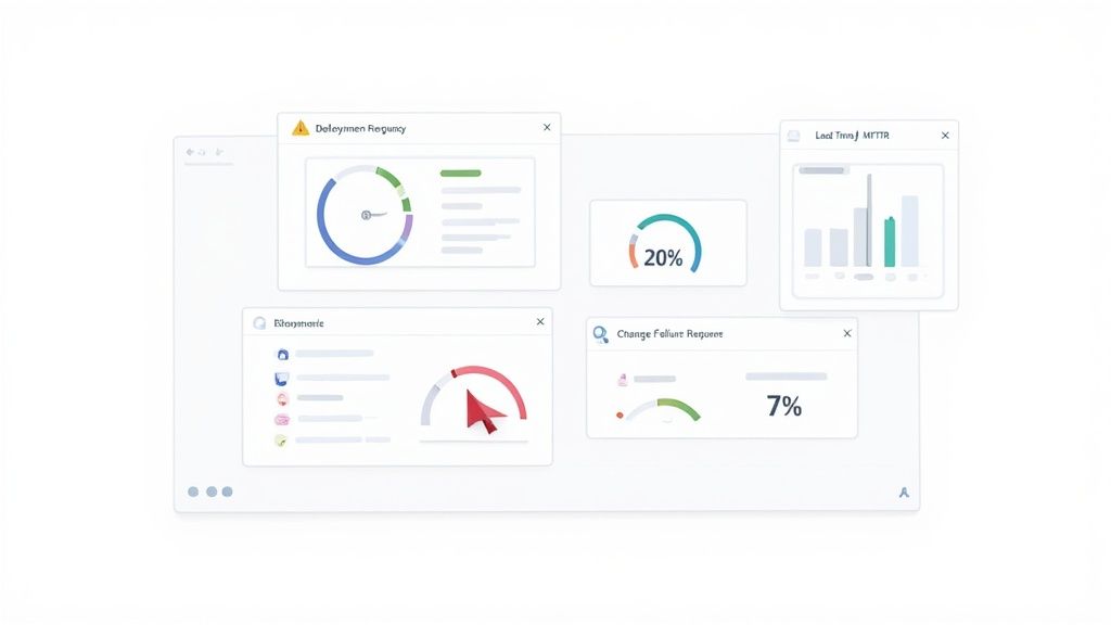 A digital dashboard displaying various DevOps metrics, including deployment frequency and failure rates.