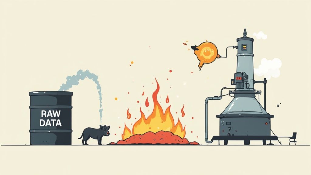 A visual metaphor for data engineering with a raw data barrel, fire, and a processing machine.