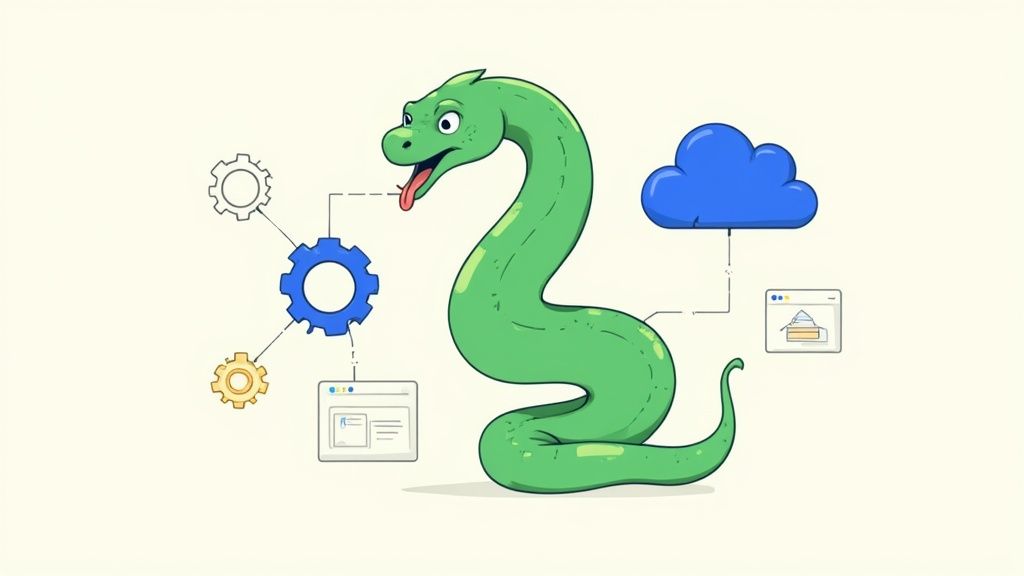 A person working on a laptop with Python code for automation displayed on the screen, illustrating the concept of building powerful scripts.