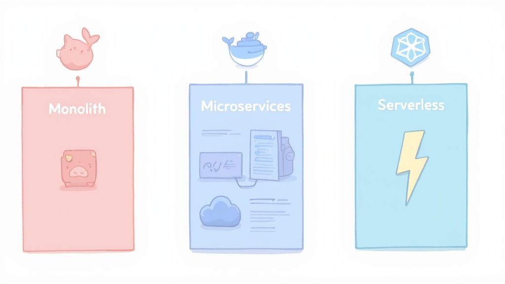 Illustration comparing Monolith, Microservices, and Serverless cloud application architectures with icons.