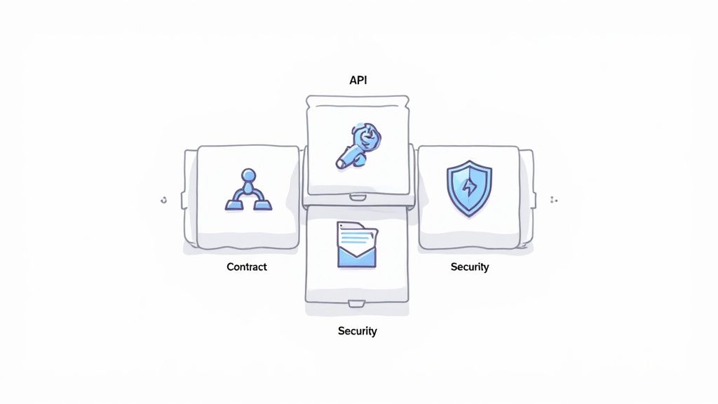 An illustration of five interconnected modules: API, Contract, and two Security components, arranged in a cross.