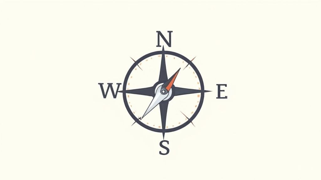 Compass rose illustration with cardinal directions north, south, east, west and red navigation needle