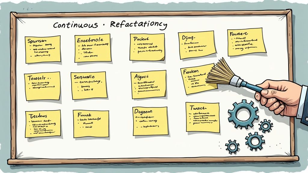 A team of developers collaborating around a whiteboard, sketching out a plan for refactoring code.