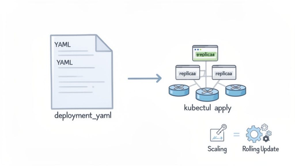 Diagram illustrating Kubernetes deployment with YAML, kubectl apply, scaling, and rolling updates.
