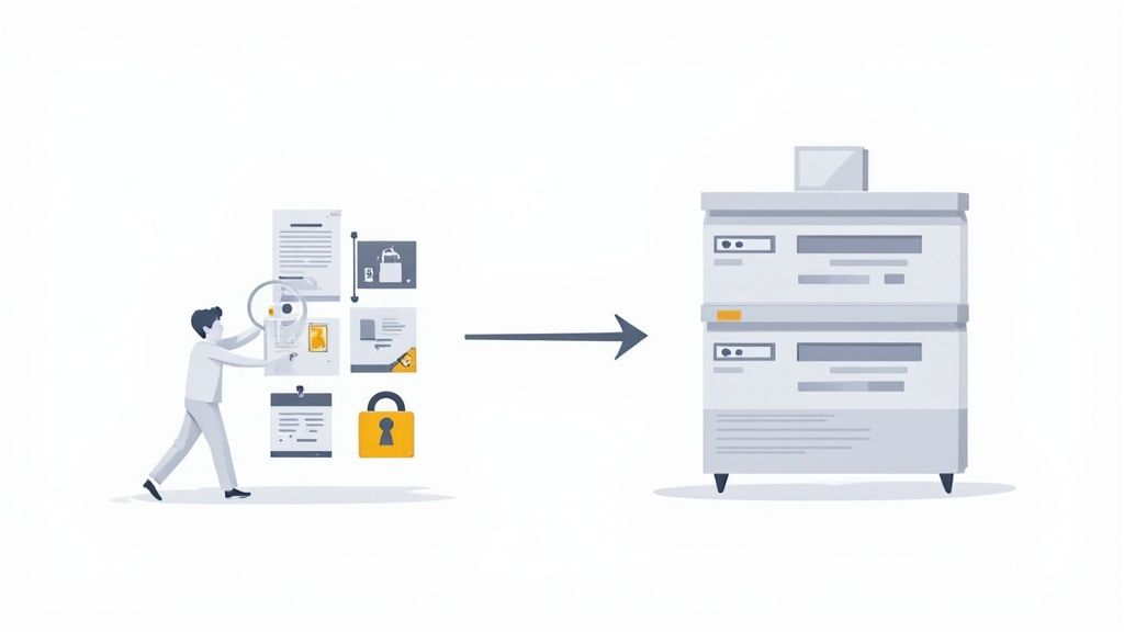 DevOps engineer organizing security documents and policies into organized server infrastructure system