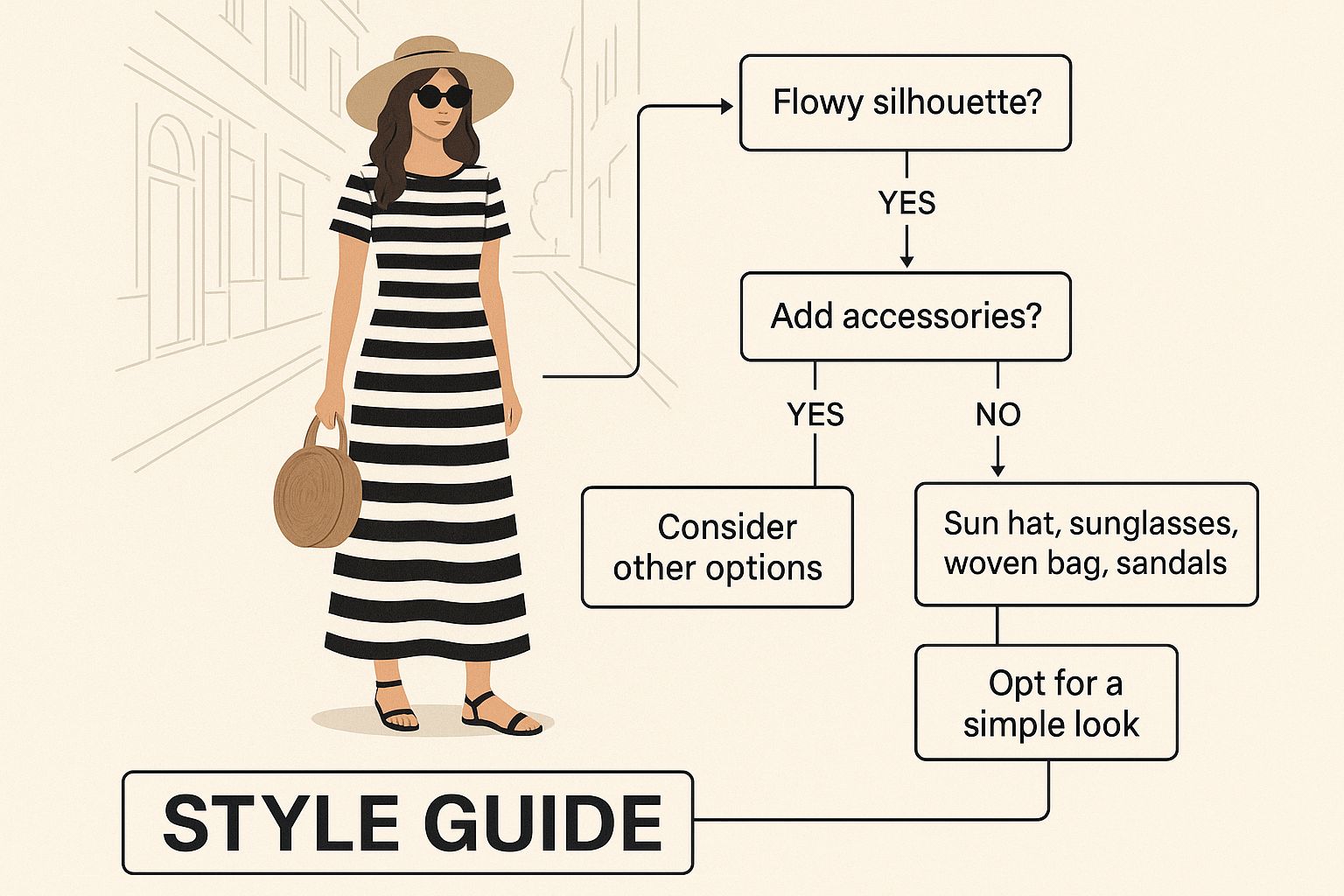 Infographic style guide for a blue and white striped maxi dress showing different accessory pairings.