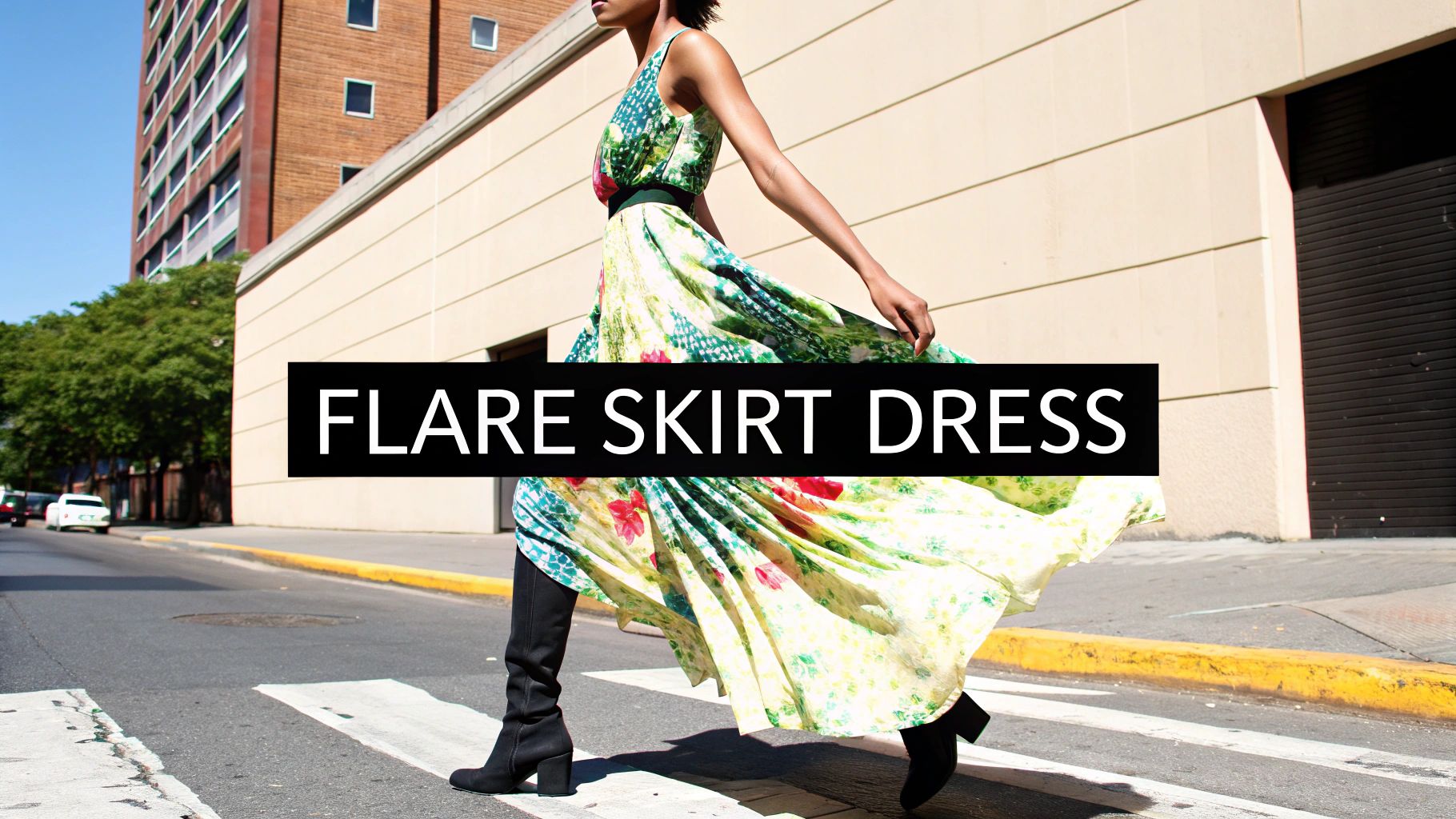A woman wearing a stylish blue flare skirt dress, showcasing its flattering silhouette.