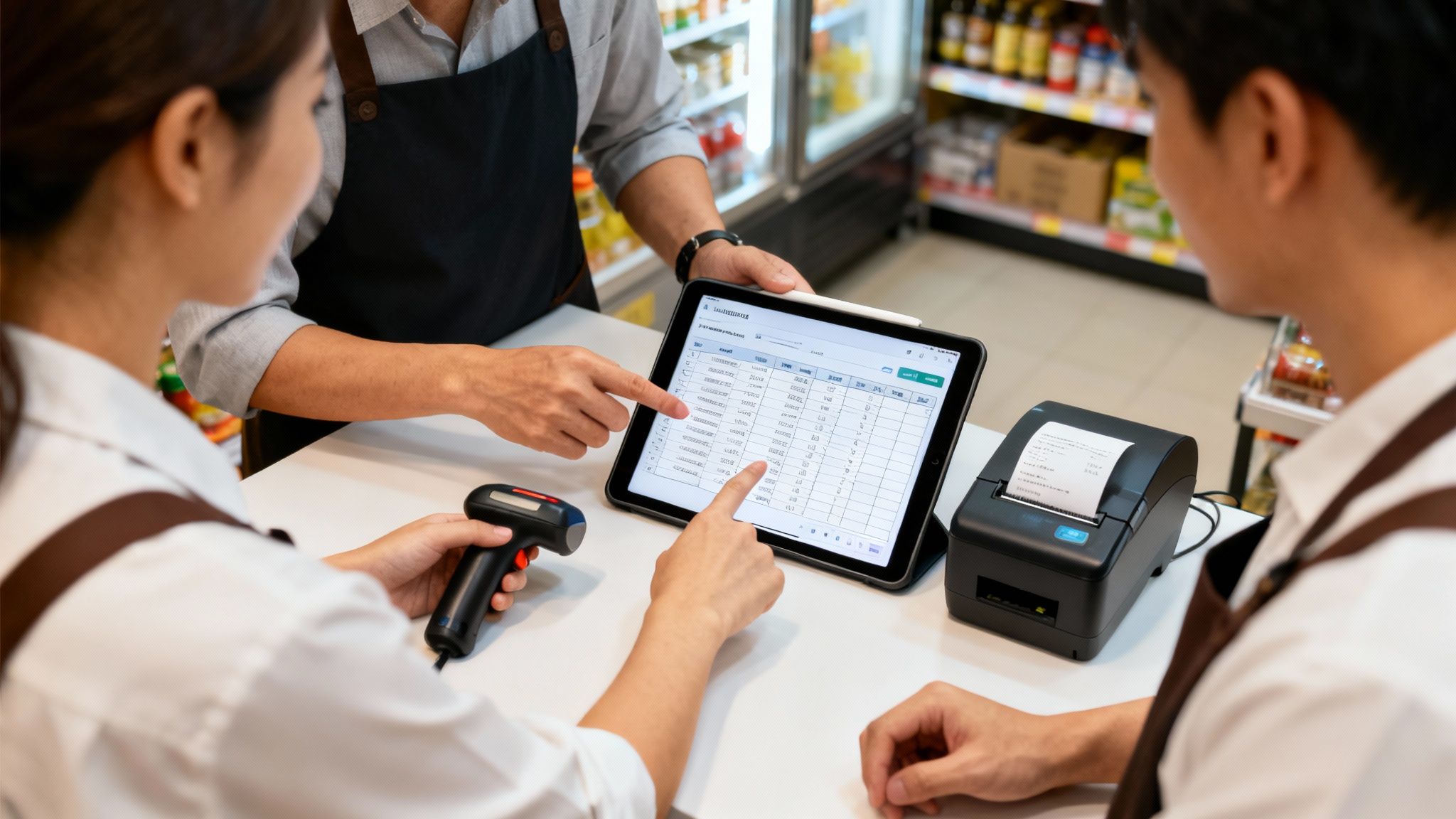 Three retail employees manage inventory using a tablet, barcode scanner, and receipt printer at a store counter.
