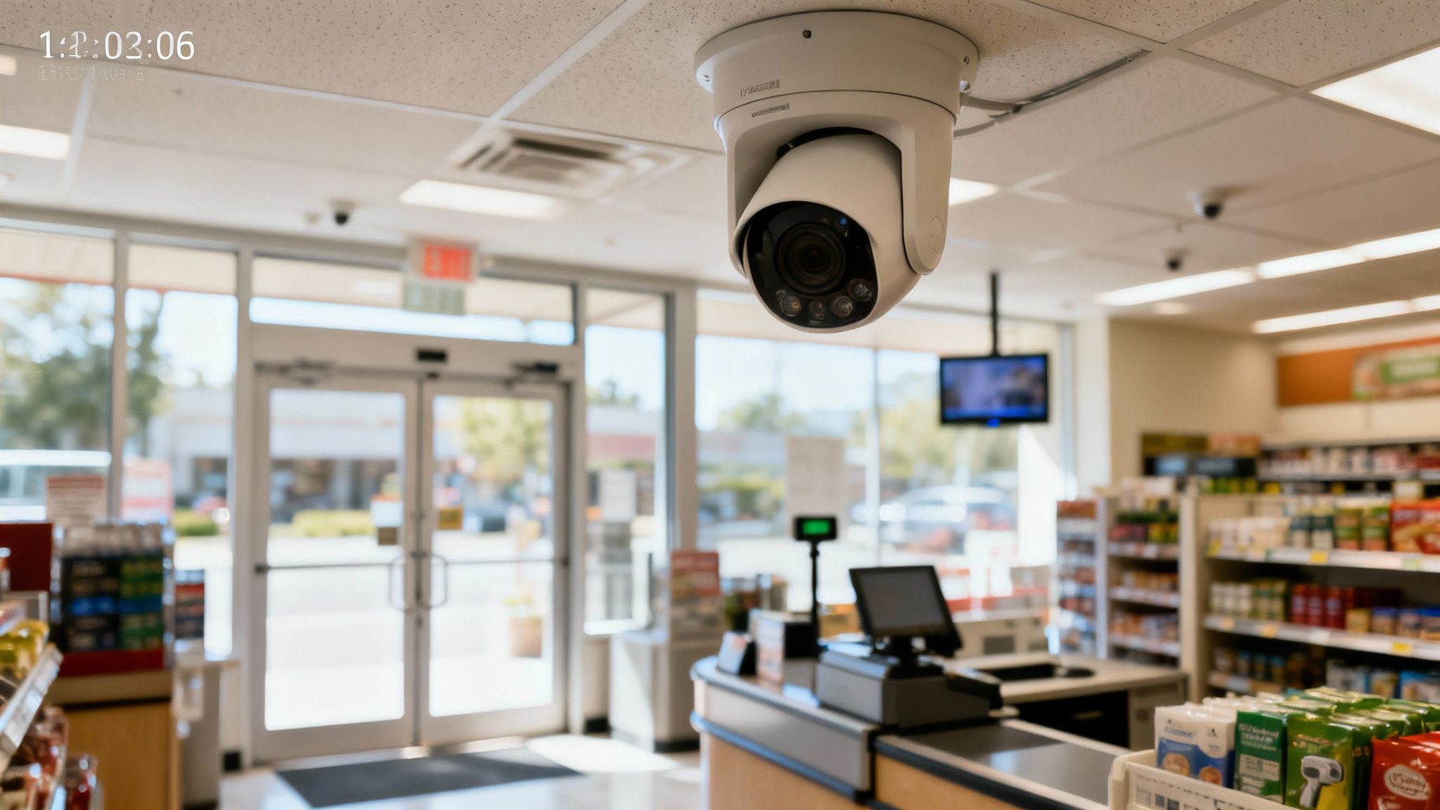 A white security camera mounted on the ceiling monitors the interior of a retail store, showing checkout and entrance.