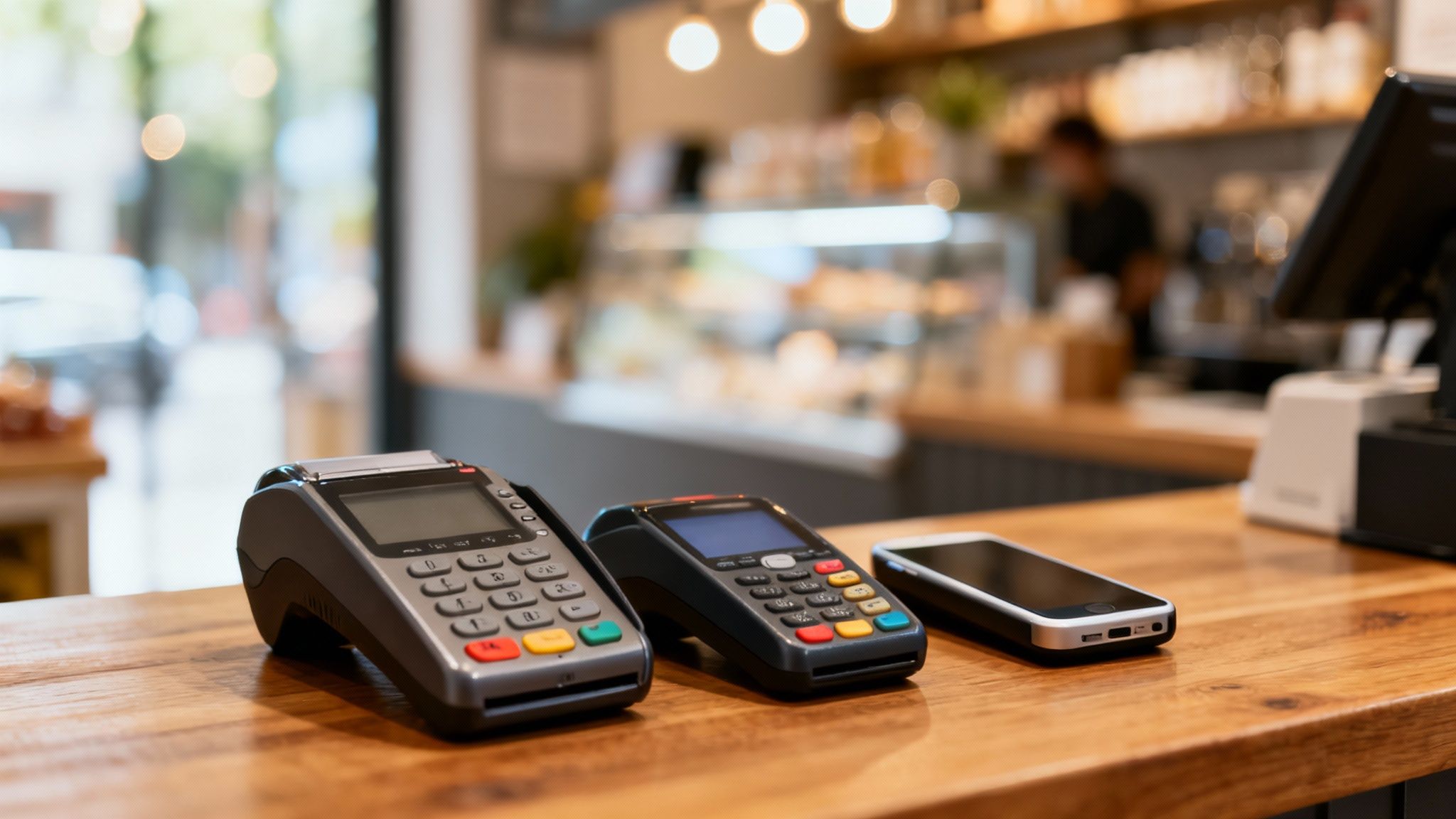 Two credit card payment terminals and a smartphone on a wooden counter inside a modern cafe.