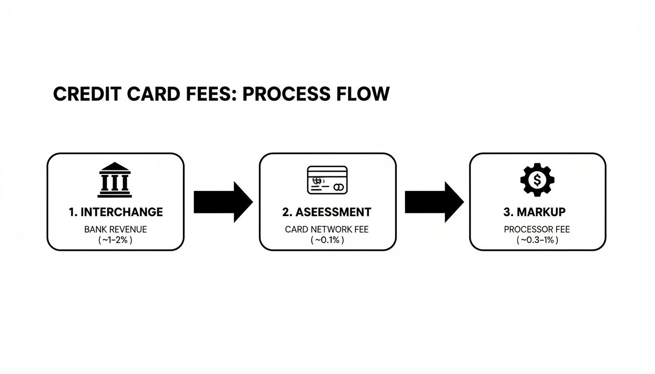 Flowchart illustrating credit card fees process: interchange, assessment, and markup, with their respective percentage ranges.
