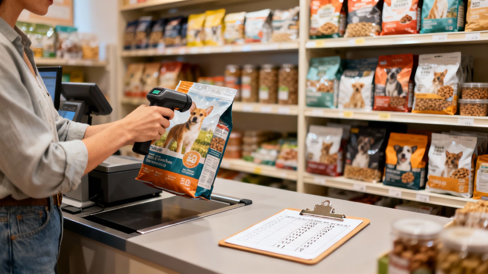 Cashier scanning a pet food bag with a barcode scanner at a store checkout.