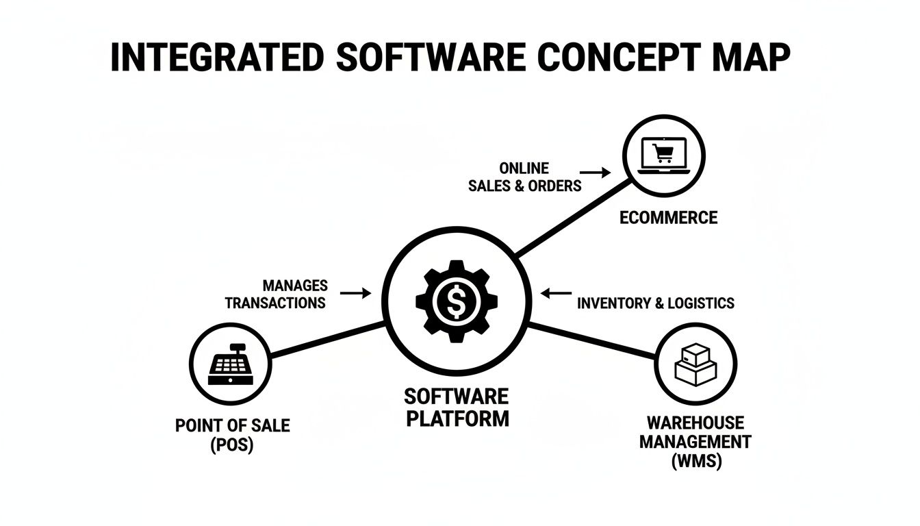 Concept map illustrating an integrated software platform connecting POS, Ecommerce, and WMS.