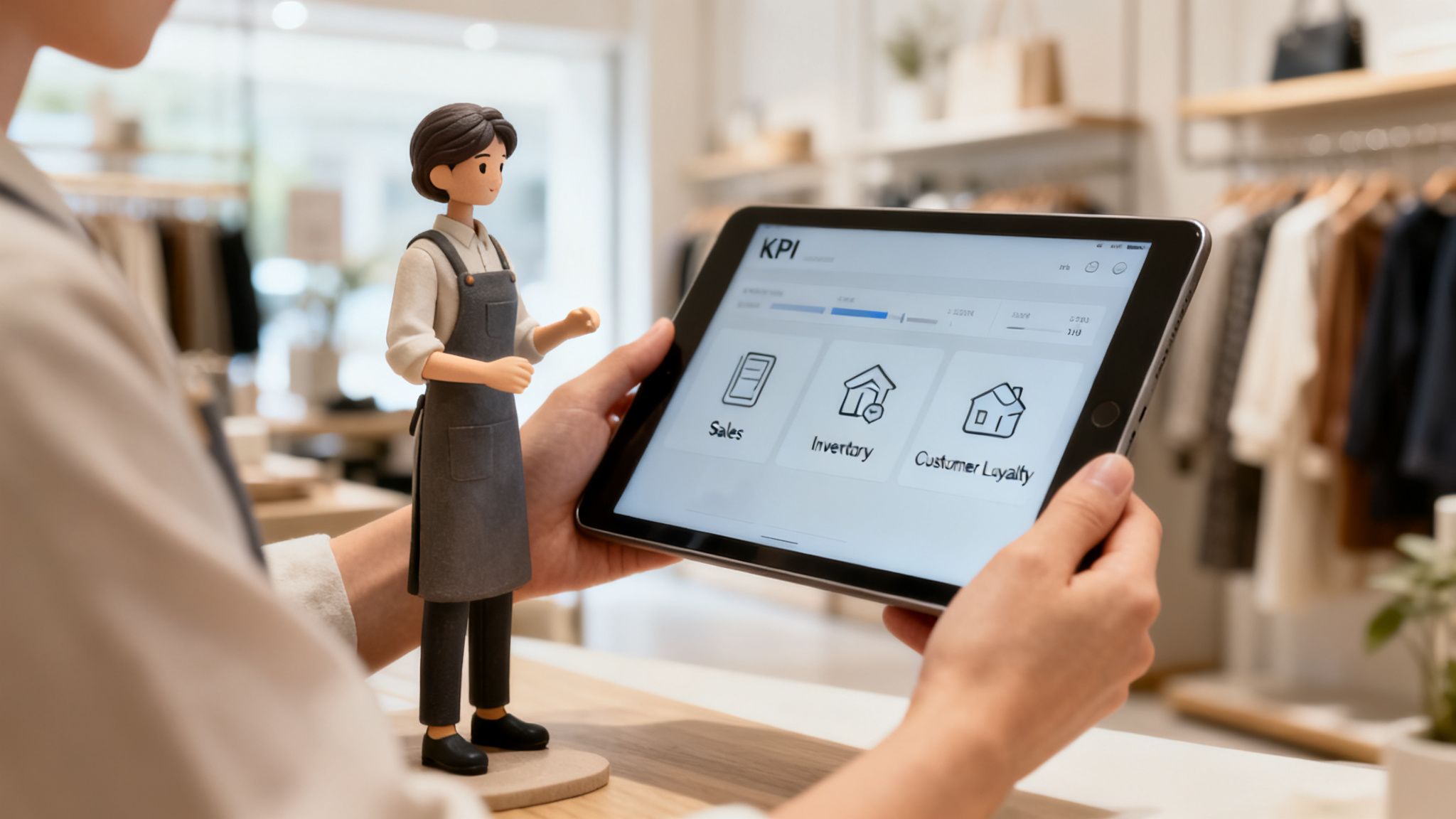 A person holds a tablet displaying a retail KPI dashboard next to a figurine in an apron.