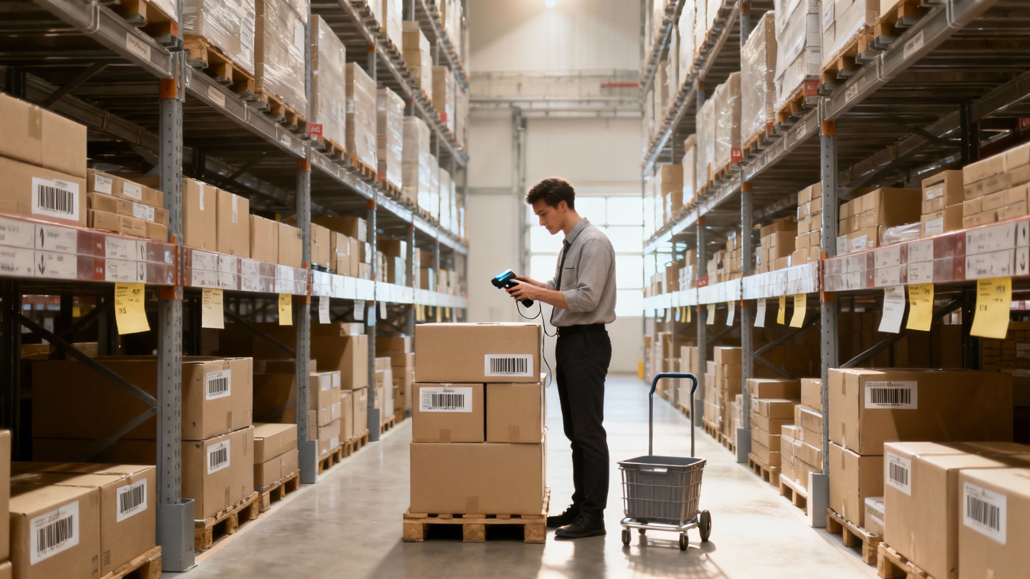 A retail worker scanning barcodes on boxes in a warehouse stockroom