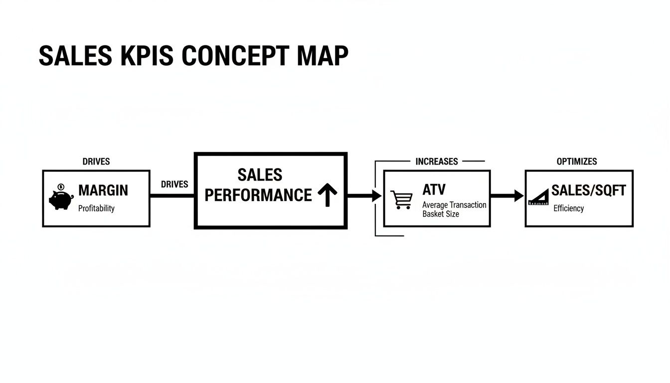 A sales KPIs concept map showing how margin drives sales performance, increasing ATV and optimizing sales per square foot.