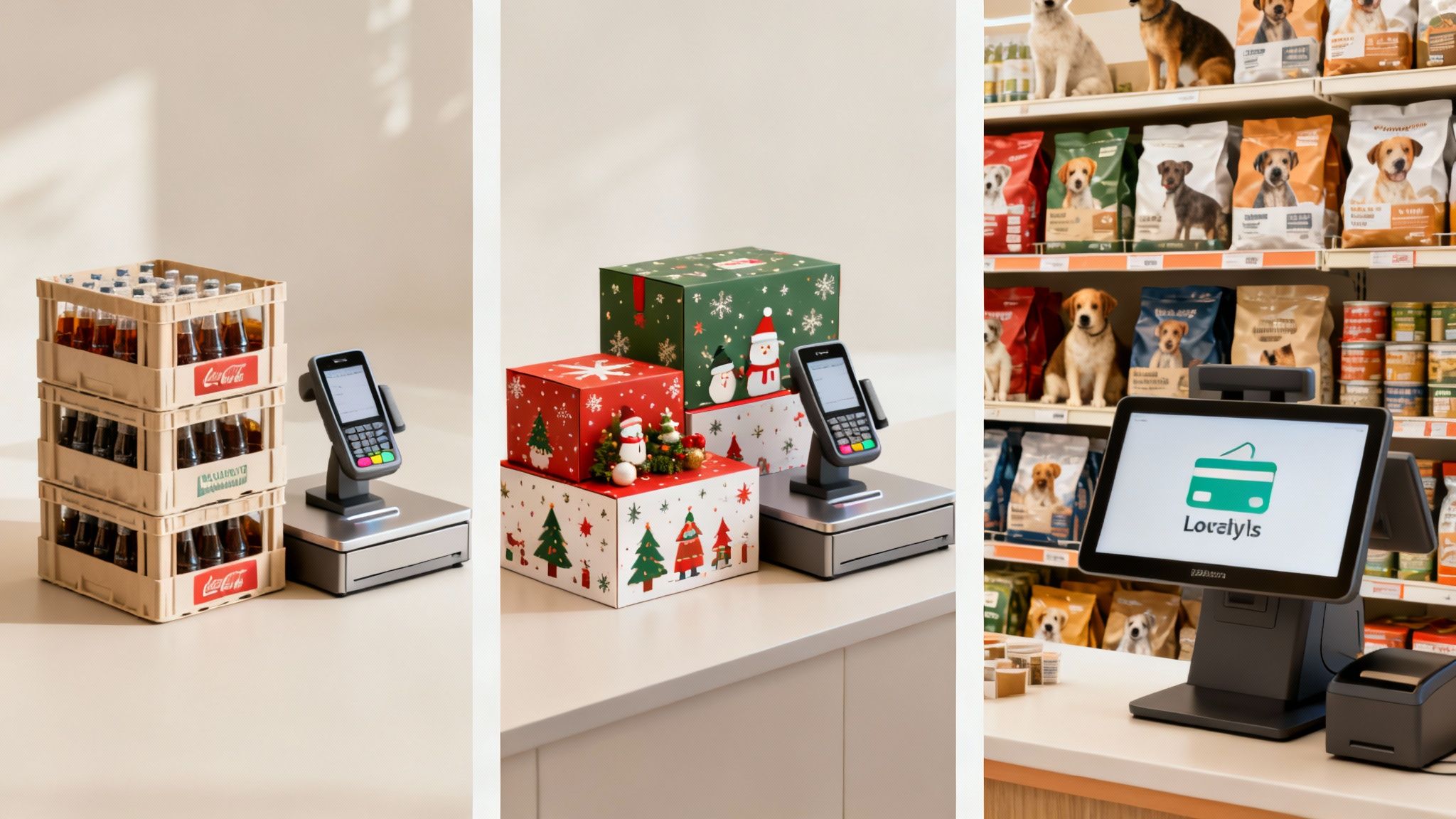 Various retail point-of-sale setups, including soft drinks, gift boxes, and pet food aisles with payment terminals.