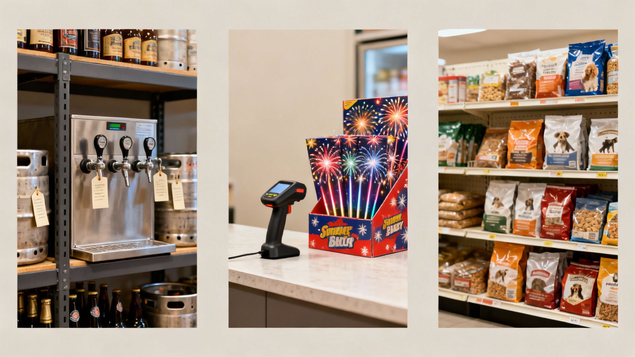 Three retail scenes showing beer taps and kegs, fireworks display with a scanner, and shelves of pet food.