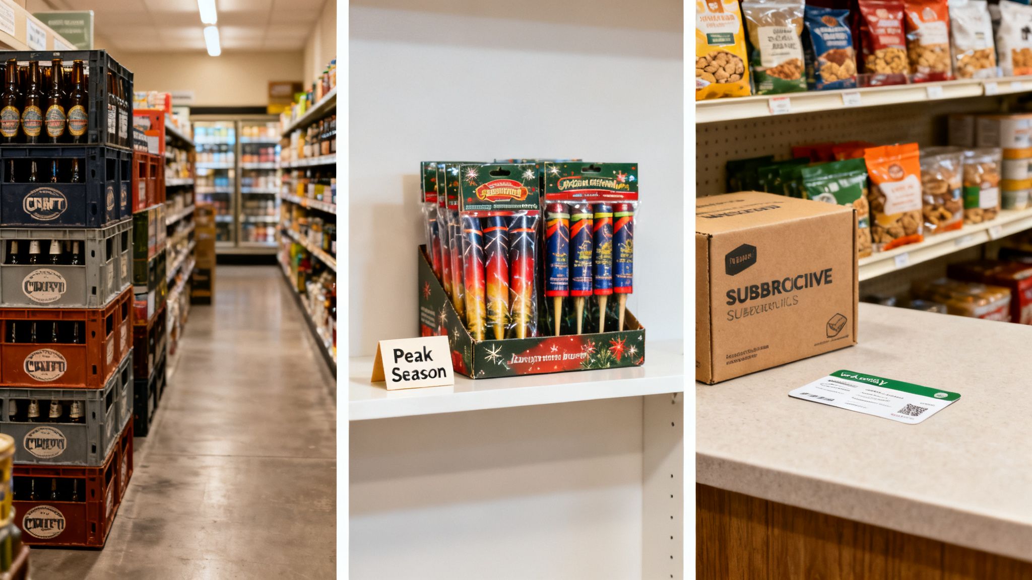 Three panels depicting a retail store interior with beer crates, a seasonal fireworks display, and a checkout counter.