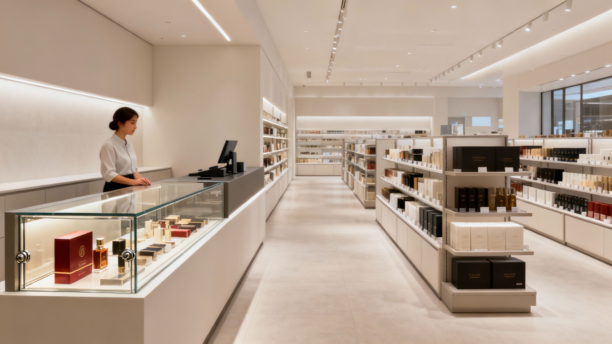 A female store employee stands behind a glass display counter in a modern, well-lit retail store.