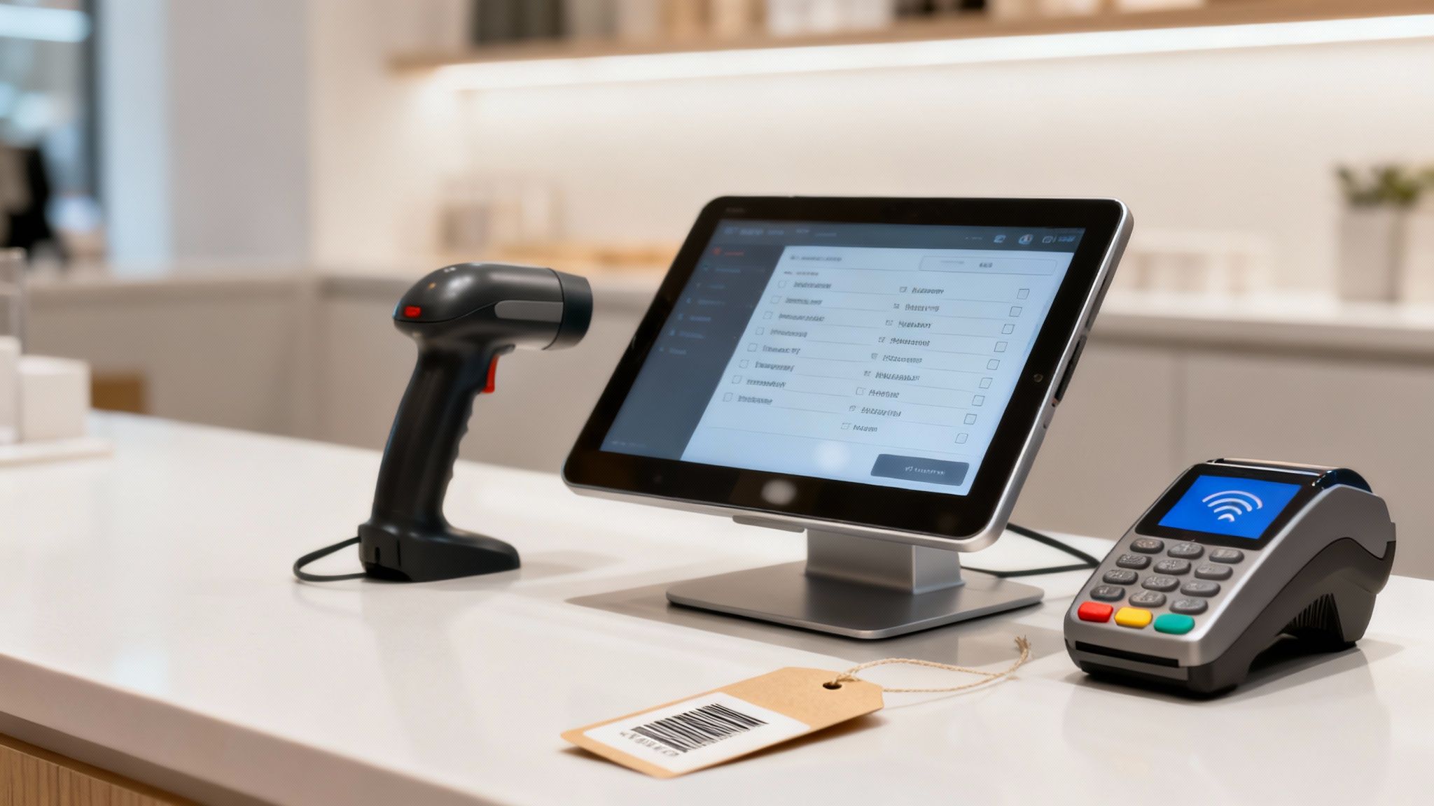 A point of sale system with a barcode scanner, tablet, and credit card terminal on a white counter.