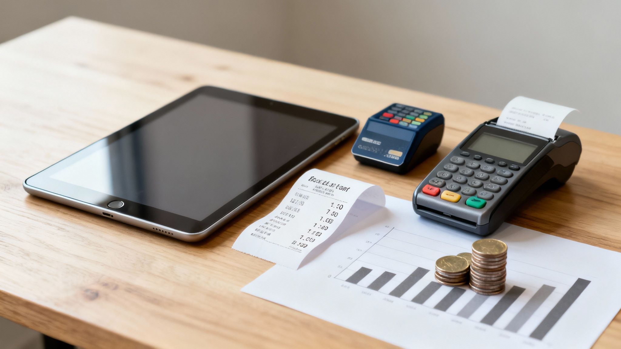 A tablet, credit card terminal, receipt, calculator, and coins on a bar chart, representing financial tools.