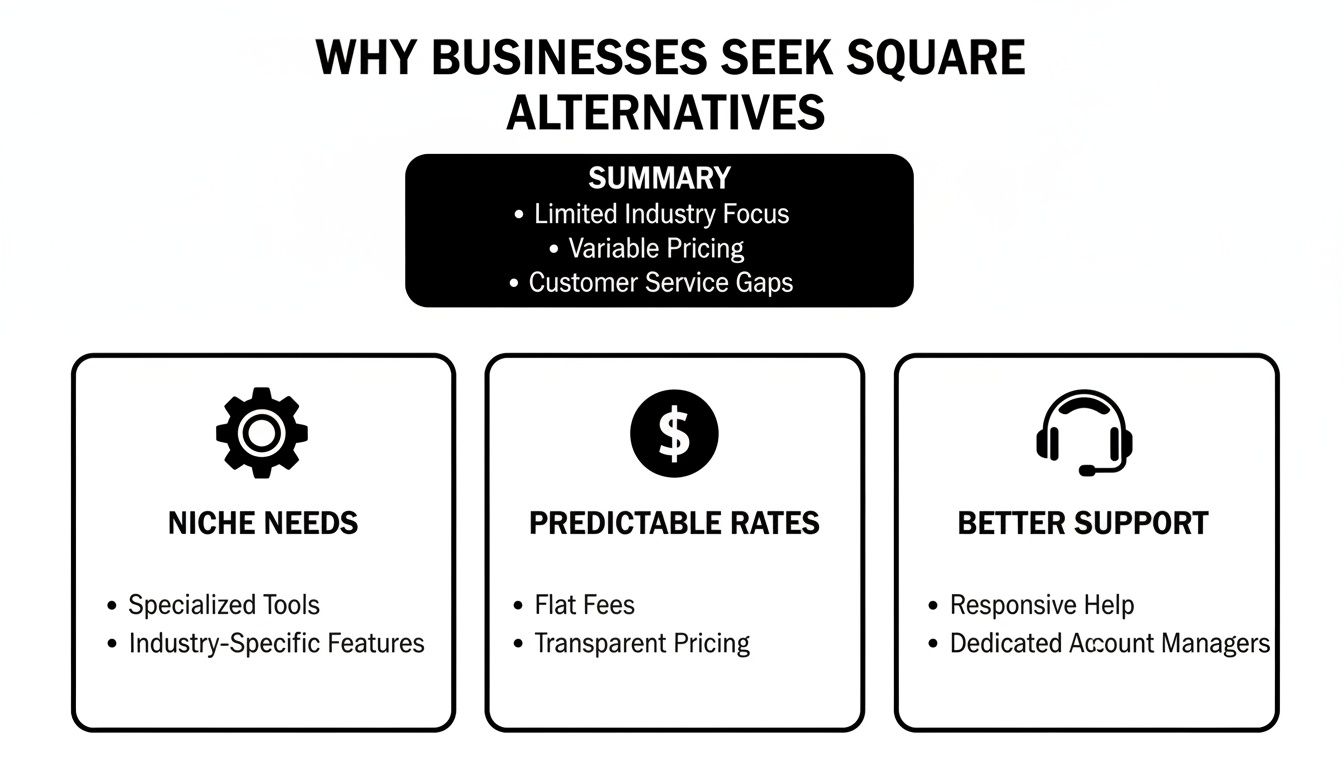 Infographic explaining why businesses seek Square alternatives, highlighting niche needs, predictable rates, and better customer support.