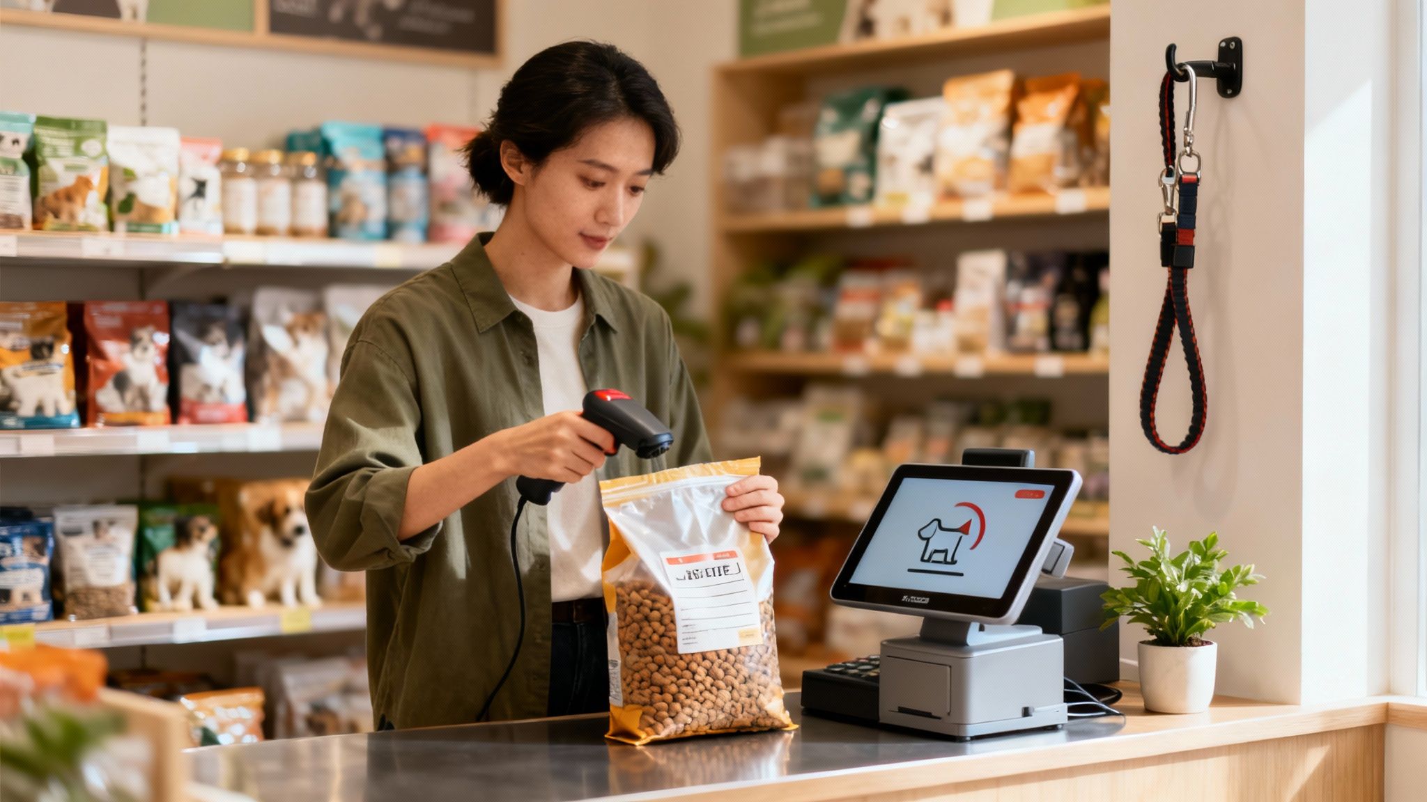 A young woman scans a bag of pet food at a modern pet store's checkout counter.