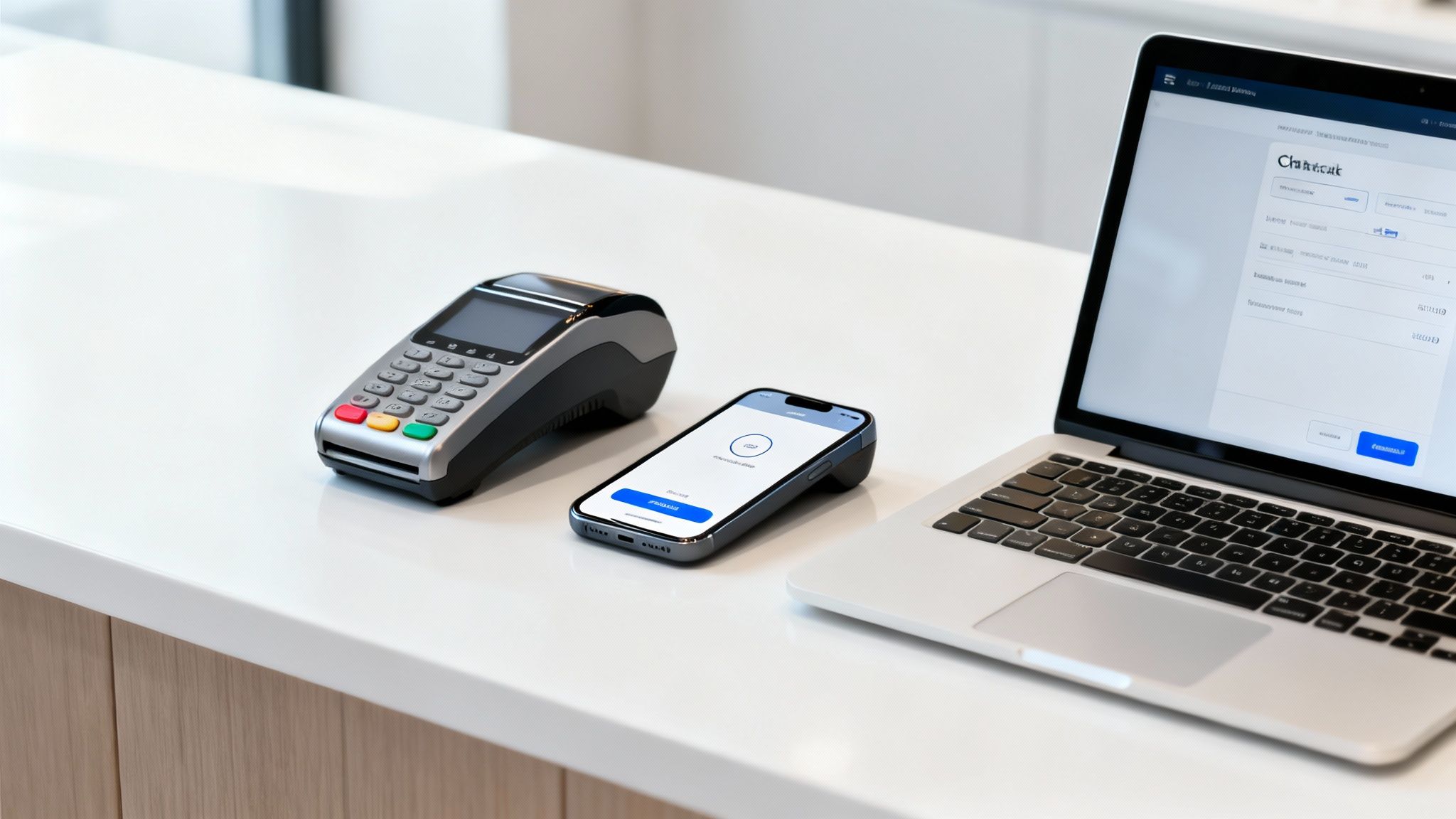 A modern payment setup featuring a POS terminal, a smartphone, and a laptop on a white desk.