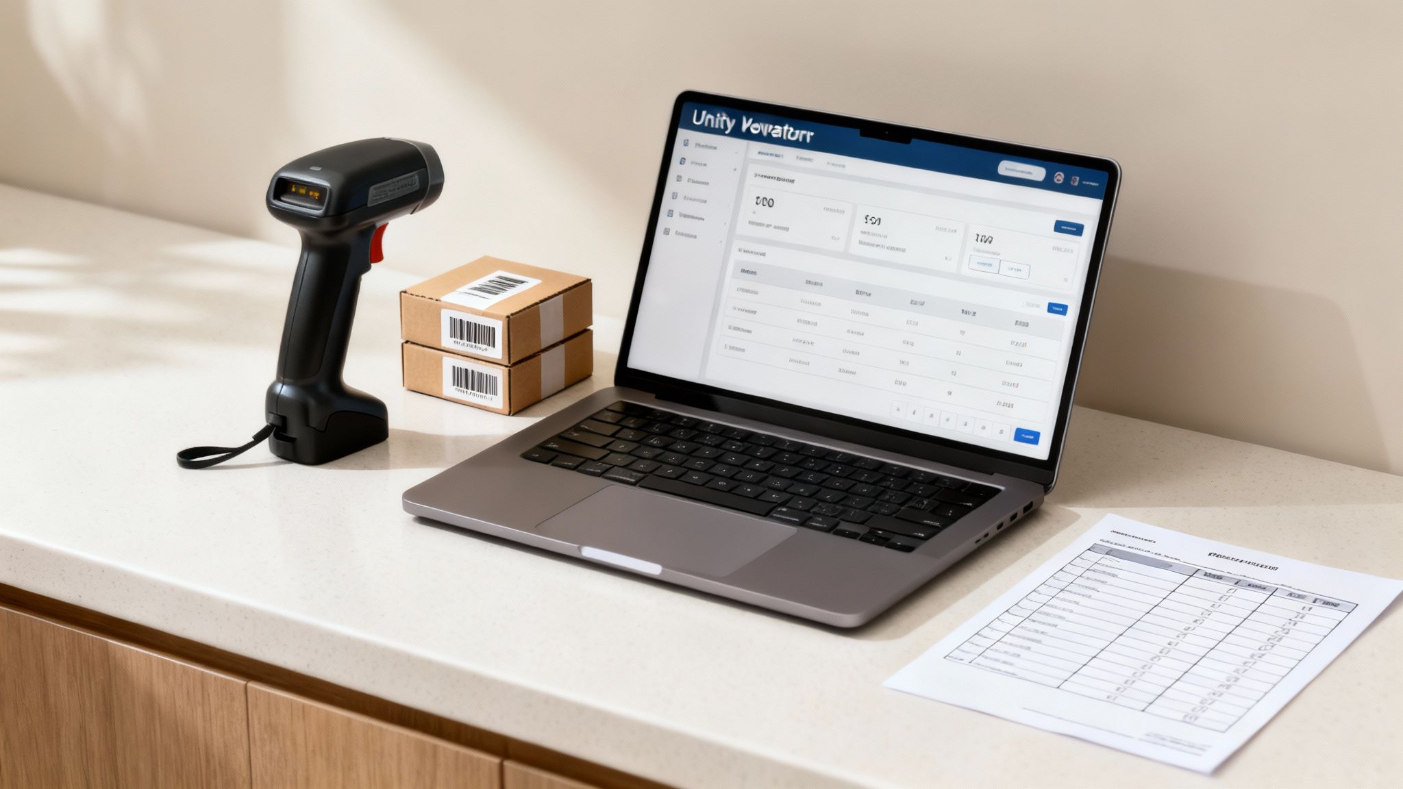 Modern workspace showing a laptop with inventory management software, a barcode scanner, and small packages.