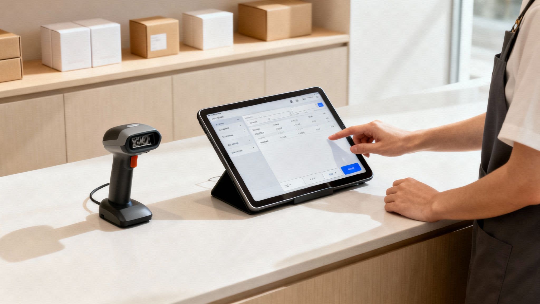 A person uses a tablet with POS software and a barcode scanner on a counter, with boxes in the background.
