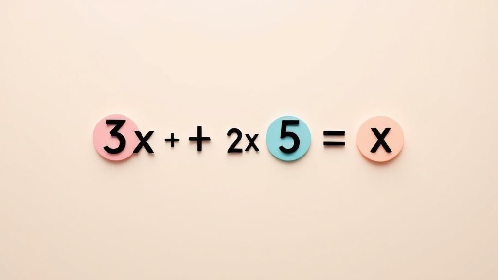 An algebraic expression with like terms circled in the same colour to show how they can be grouped and combined.