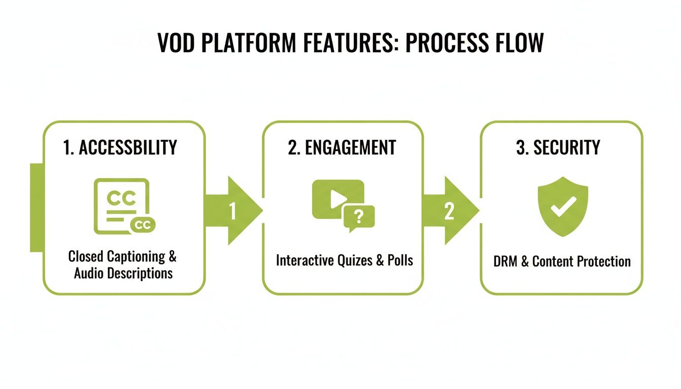 VOD platform features process flow diagram showing accessibility, engagement, and security steps.