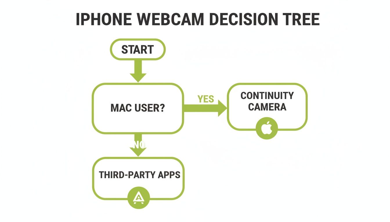 Decision tree flowchart explaining how to use an iPhone as a webcam, for Mac and non-Mac users.