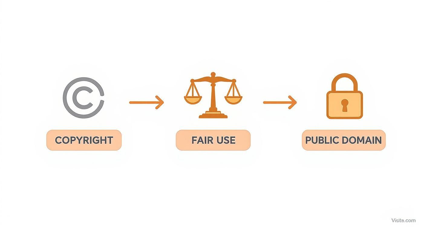 Infographic showing the process flow of video legality from Copyright to Fair Use and Public Domain.