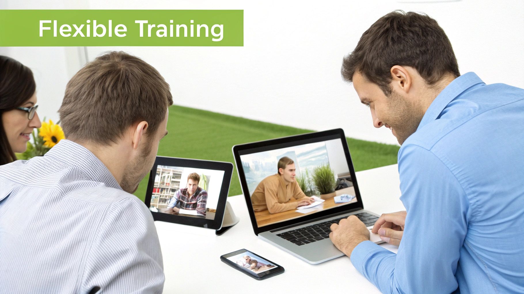 Two men and a woman participating in flexible online training, viewing an instructor on laptop and tablet screens.