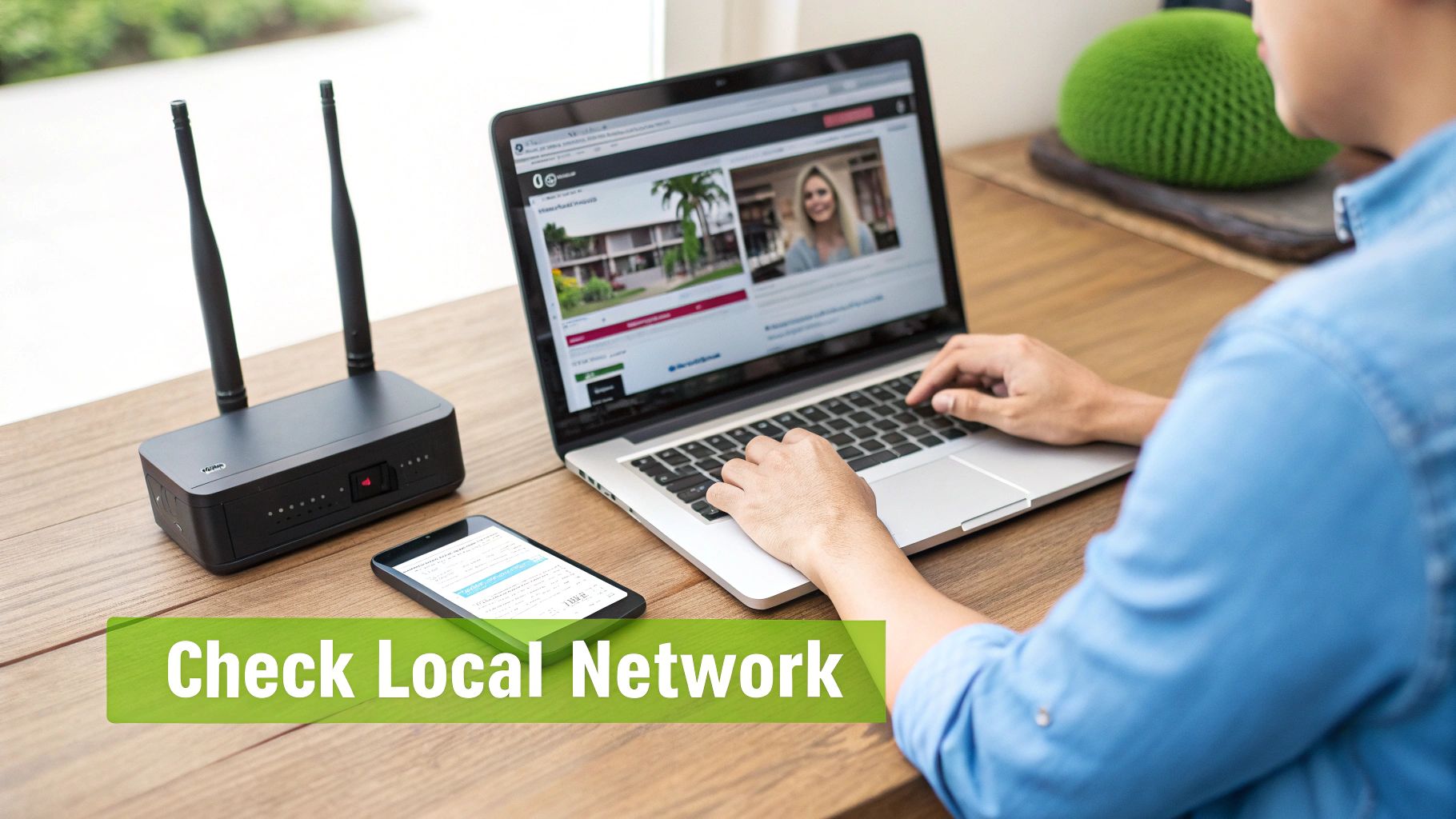 A person uses a laptop, router, and smartphone on a wooden desk to check their local network.