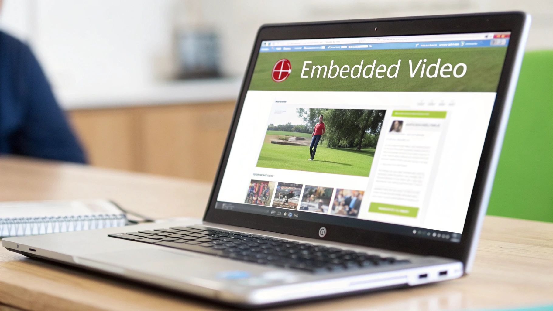 A person pointing at a computer screen showing video content.