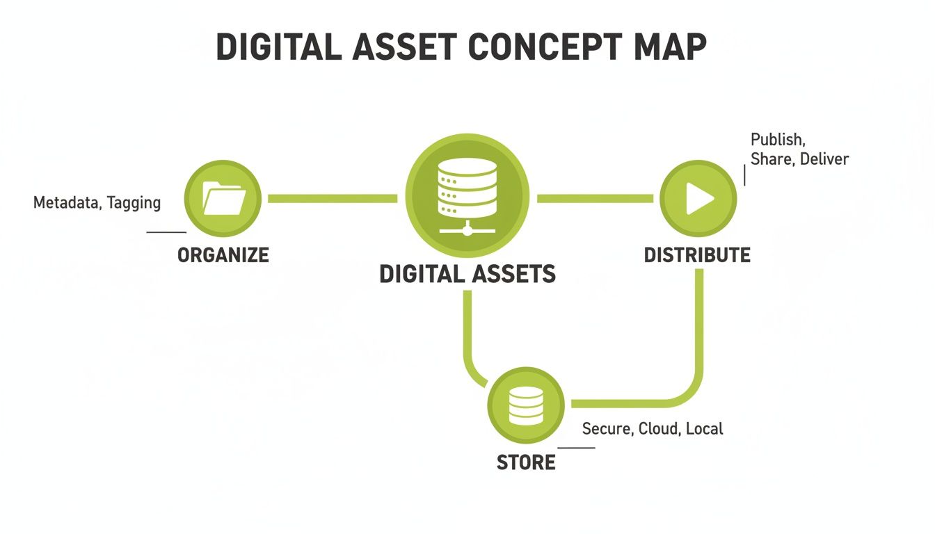 Digital asset management concept map detailing processes like organize, store, and distribute assets.