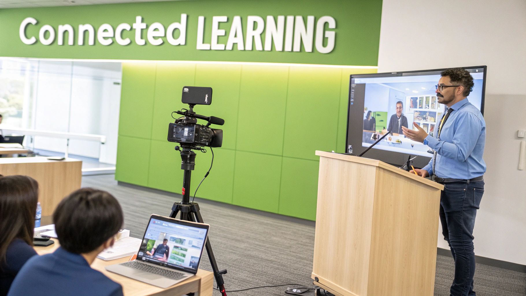 A speaker leads a connected learning session, utilizing video conferencing and a recording camera.