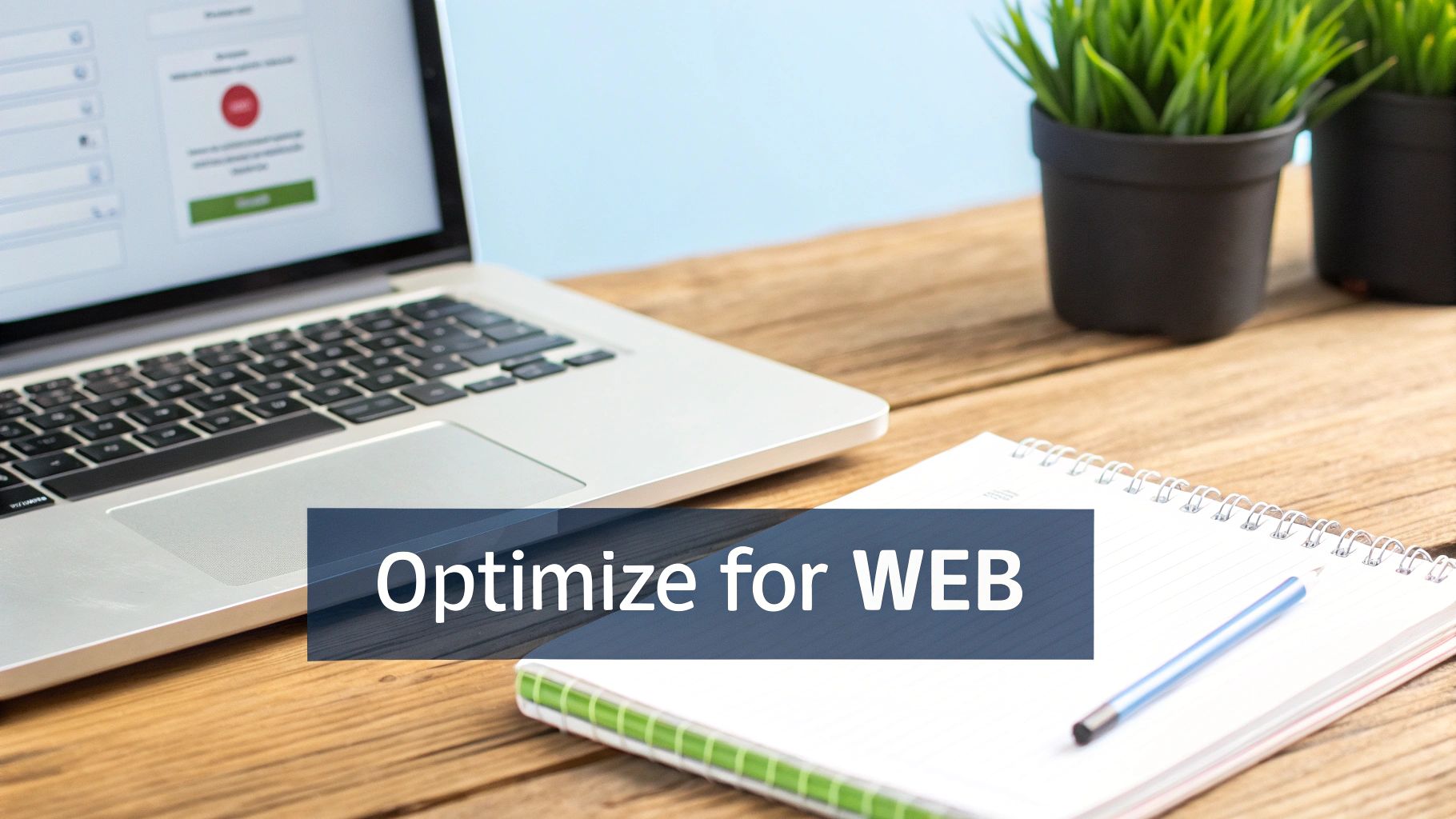 A workspace with a laptop, notebook, and plants, featuring a banner with 'Optimize for WEB' text.