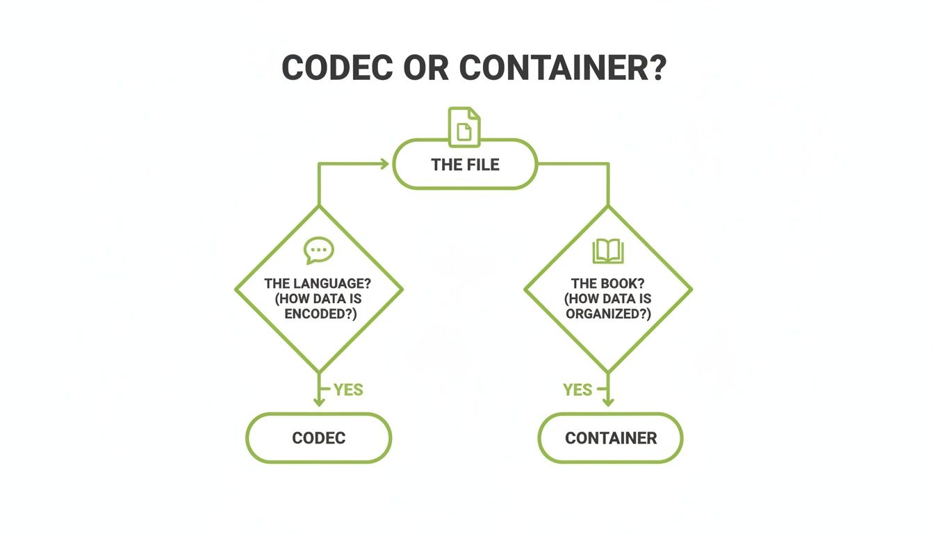 A flowchart distinguishing codec and container. A file leads to questions about data encoding (codec) or data organization (container).