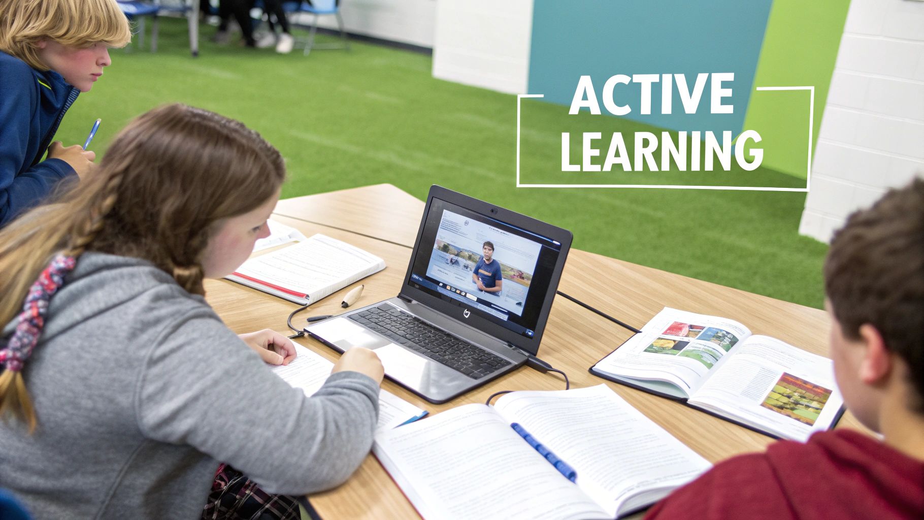 Students actively engage with laptops and books at a wooden table in a modern classroom.