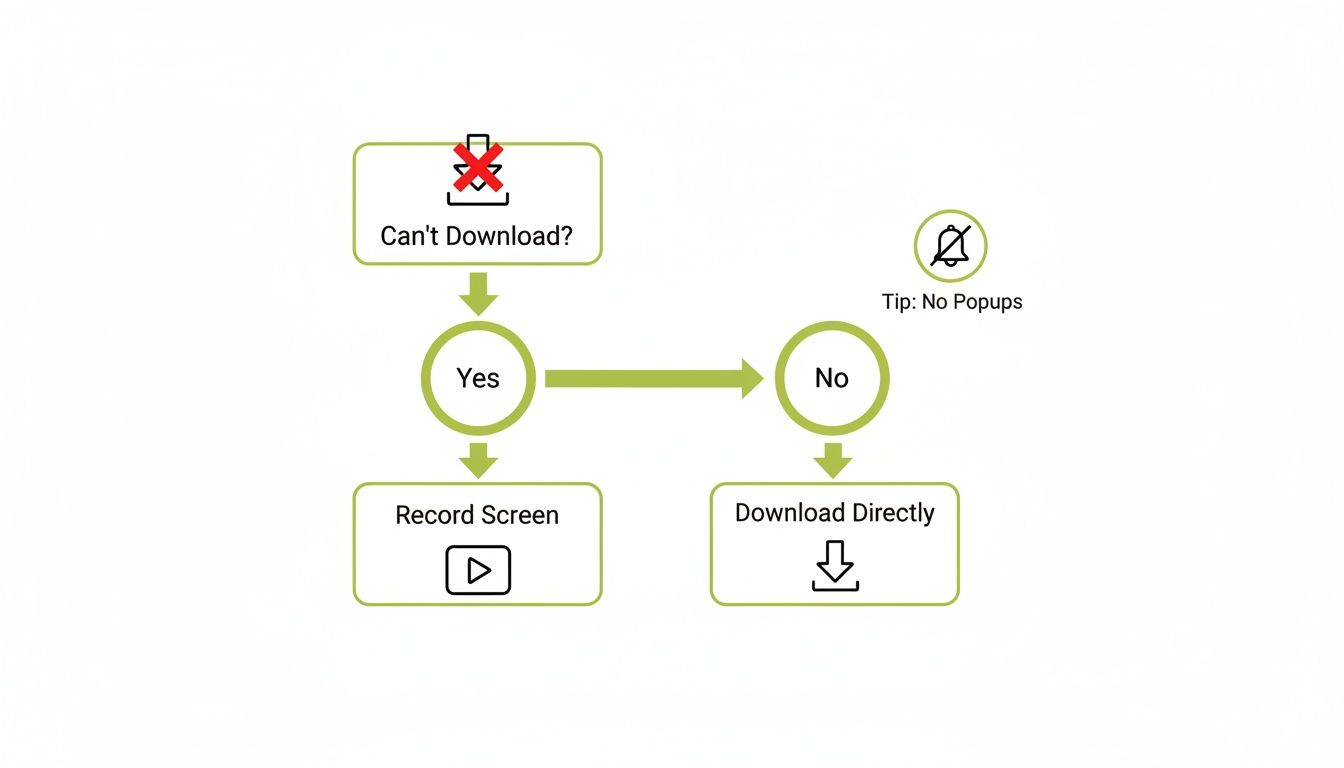 A flowchart guiding users on how to obtain videos, suggesting screen recording if direct download isn't possible.