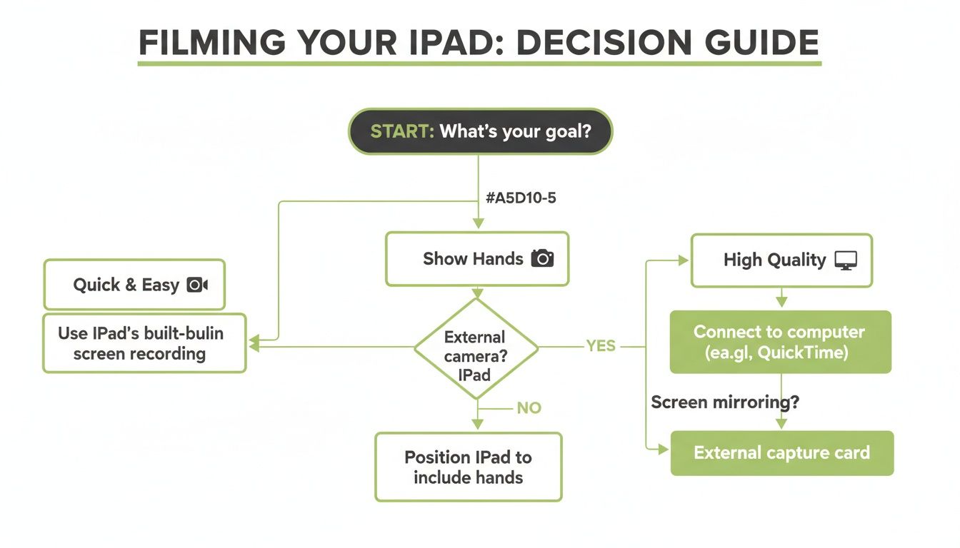 Flowchart showing options for filming an iPad, including built-in recording, external cameras, and capture cards.