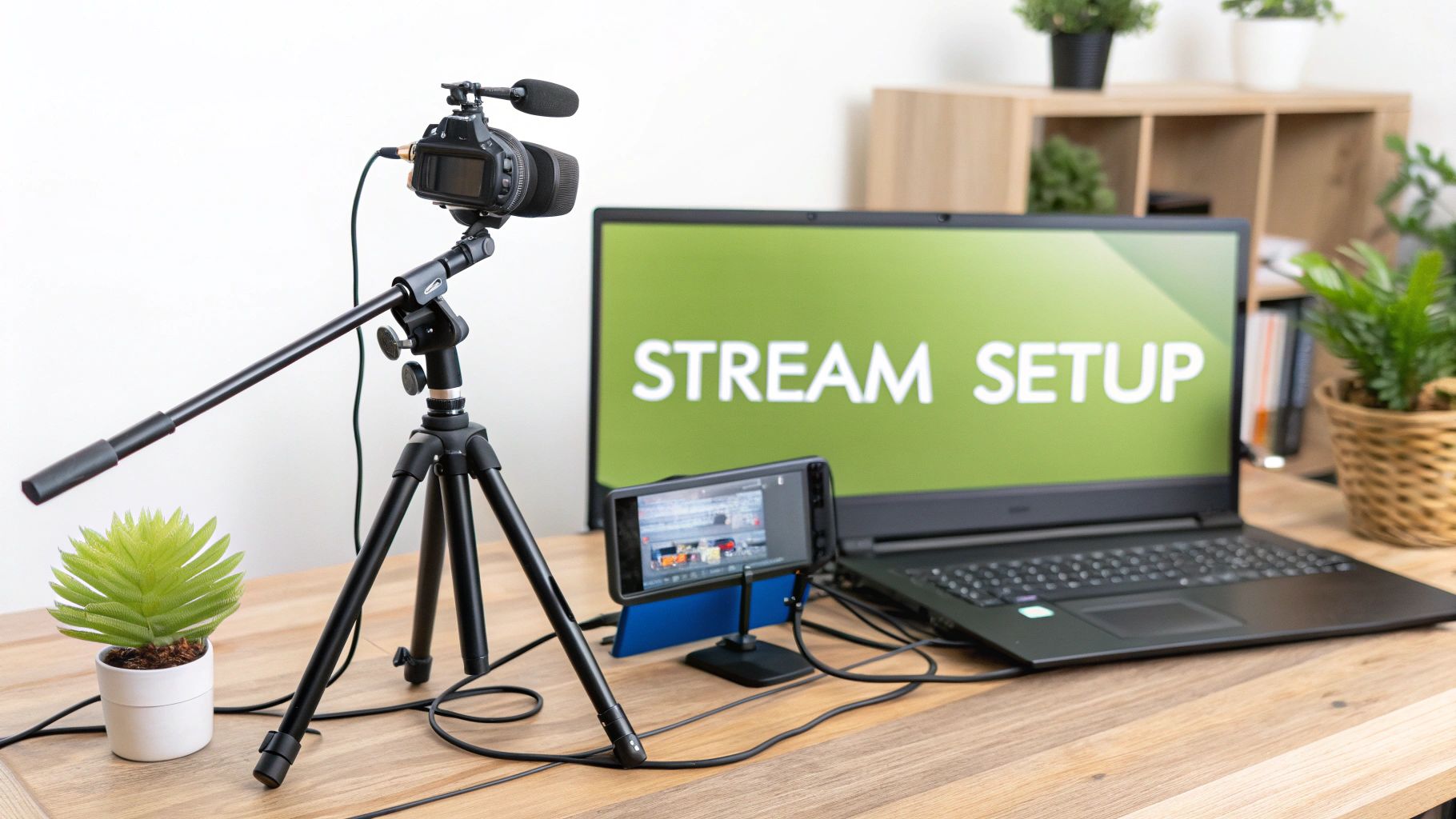 A complete live stream setup with a camera, microphone, laptop displaying 'STREAM SETUP', and a smartphone on a wooden desk.
