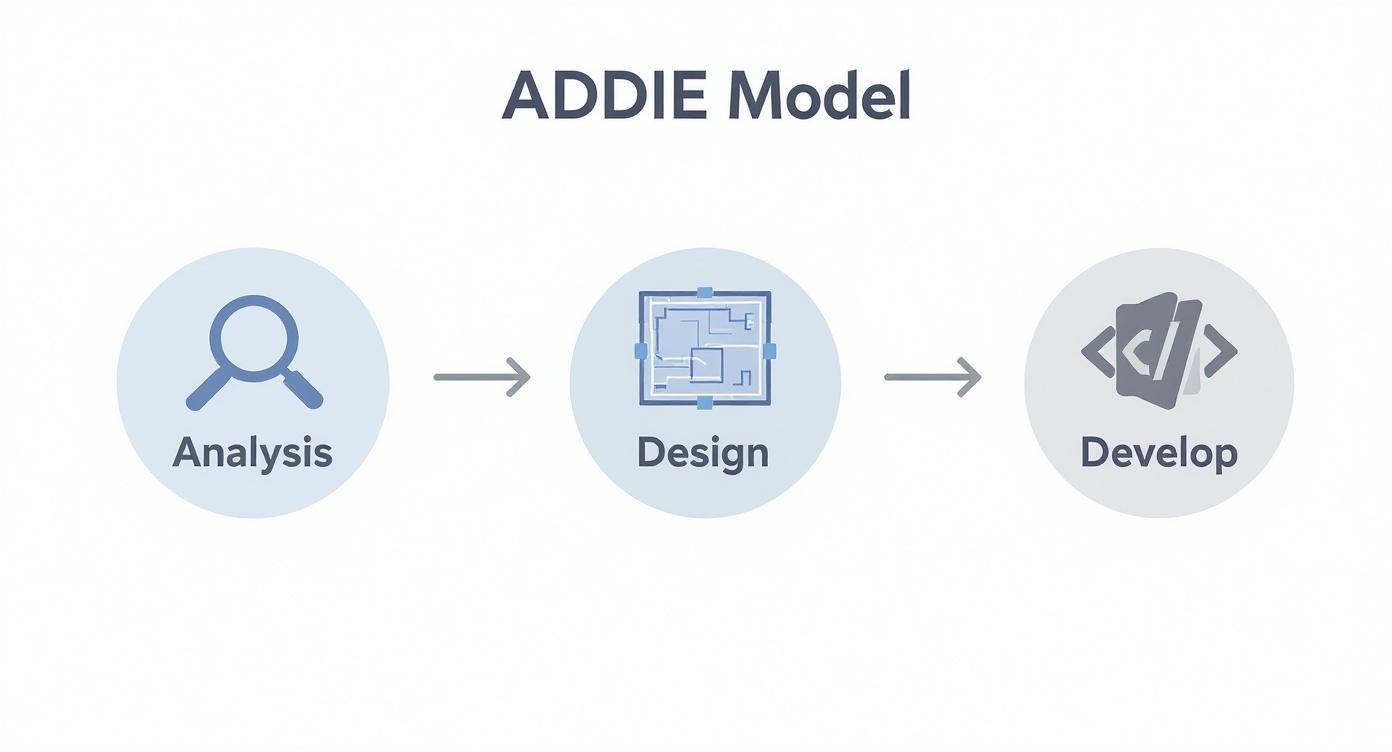 Diagram of the ADDIE instructional design model, illustrating the Analysis, Design, and Develop stages sequentially.