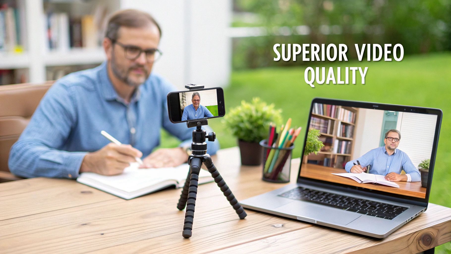 A man uses a smartphone on a tripod to record a video, shown on a laptop, highlighting superior video quality.