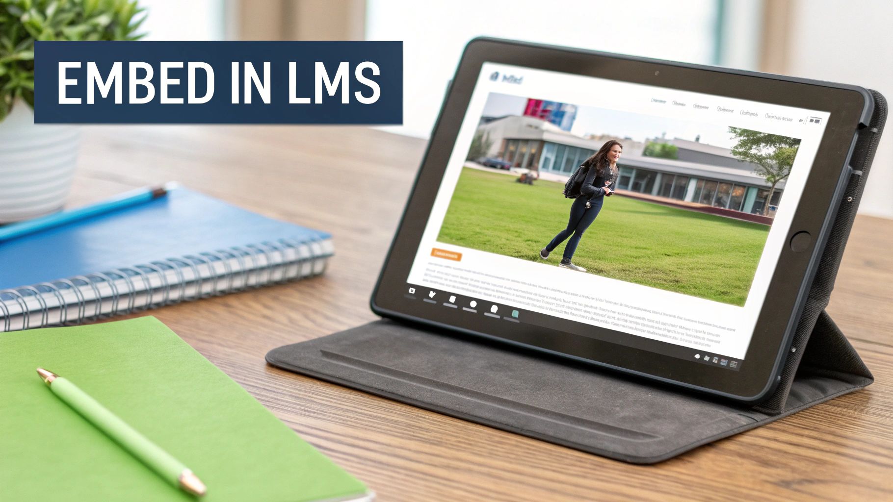 A tablet displaying a woman walking on a campus, alongside notebooks and pens, with 'EMBED IN LMS' text.